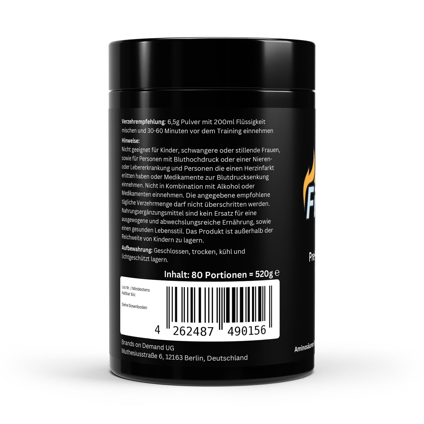Firelax Pre Workout Booster Apfel Rückseite mit Barcode 520g Supplement