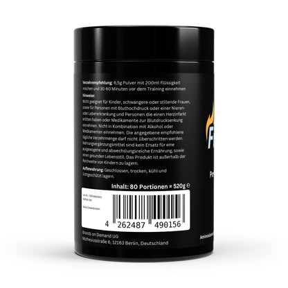 Firelax Pre Workout Booster Apfel Rückseite mit Barcode 520g Supplement