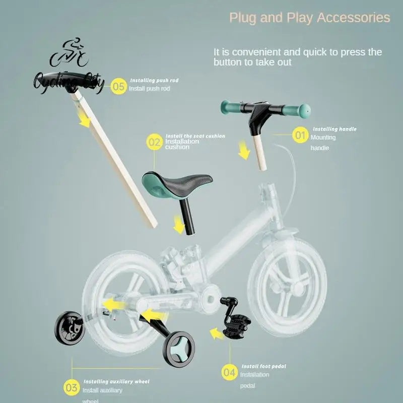 2-in-1 Klappbares 12-Zoll Kinder-Laufrad mit kettenlosen PU-Reifen - Grün / 12 Zoll - Bikes & Accessories