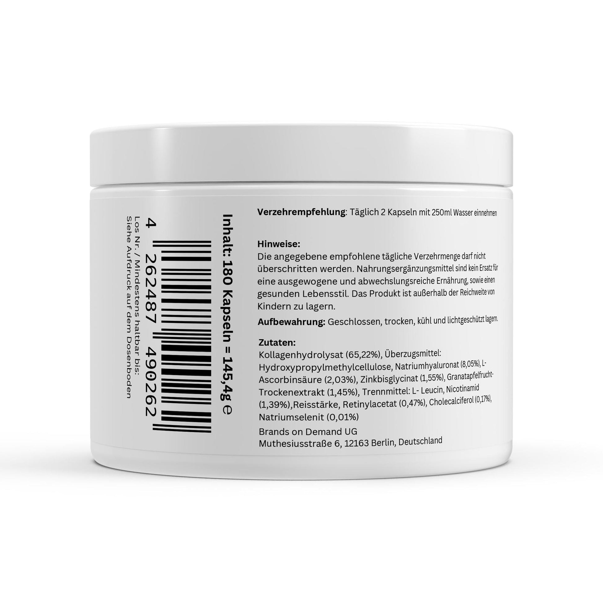 Firelax Kollagenhydrolysat Plus Rückseite mit Barcode 180 Kapseln Supplement