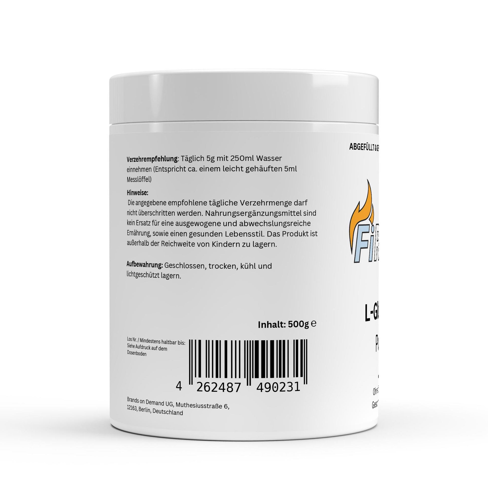 Firelax L Glutamin Pulver Rückseite mit Barcode 500g Supplement