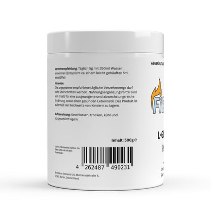 Firelax L Glutamin Pulver Rückseite mit Barcode 500g Supplement