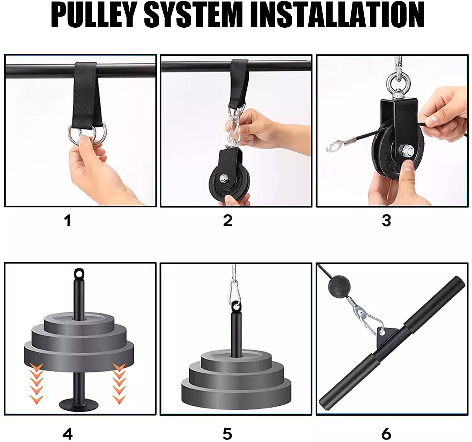 Home Fitness Pulley System – (Single Pulley with Long Pull Rod & 3-Head Rope)-3