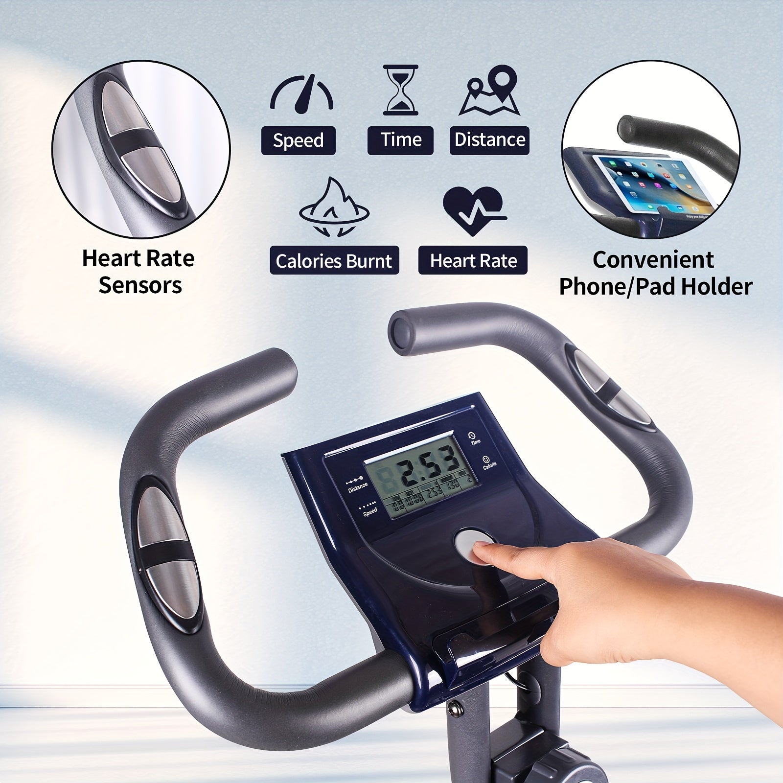 Ultra-Quiet Foldable X-Bike with Heart Rate Monitor & LCD Display(Blue)-4