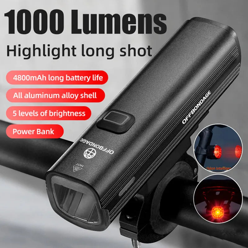 1000 Lumen USB Rechargeable Bike Front Light 4800mAh Black-1