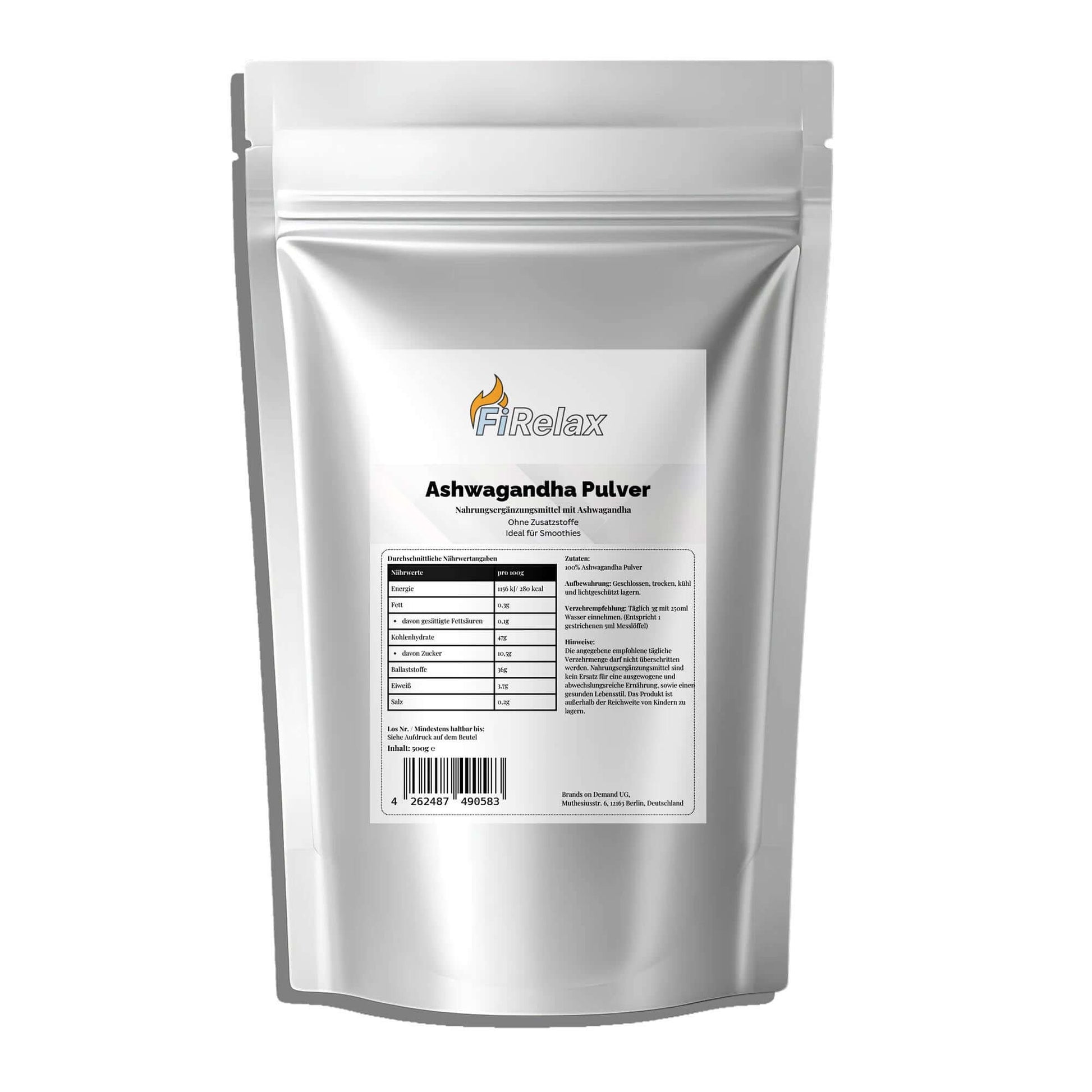 Firelax Ashwagandha Pulver 500g Doypack Supplement für Energie und Stressabbau