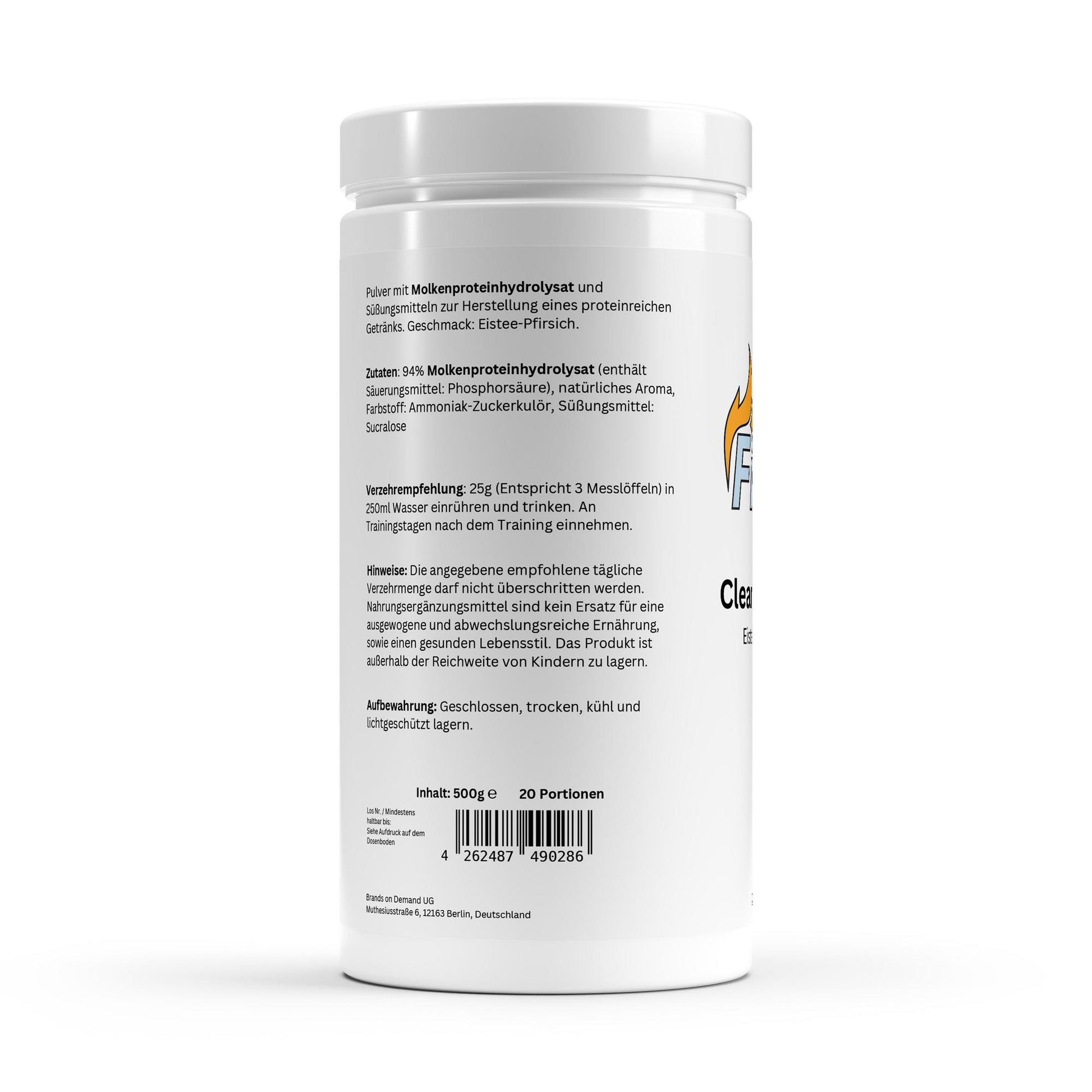 Firelax Clear Whey Protein Pfirsich Rückseite mit Barcode 500g Supplement